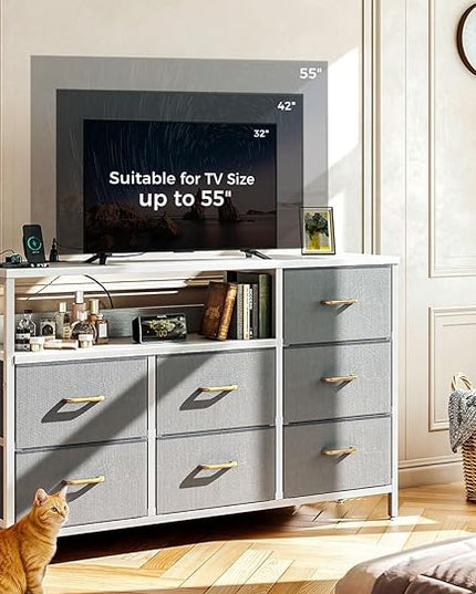 AODK Dresser with Charging Station, 52-Inch Long Dresser for Bedroom with 7 Large Fabric Drawers, Entertainment Center with Open Shelves for 55-Inch TV for Living Room, White and Light Grey - LeafyLoom