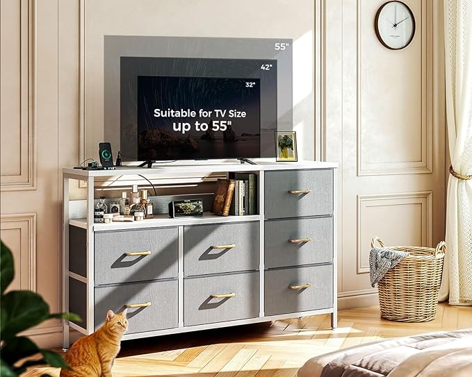 AODK Dresser with Charging Station, 52-Inch Long Dresser for Bedroom with 7 Large Fabric Drawers, Entertainment Center with Open Shelves for 55-Inch TV for Living Room, White and Light Grey - LeafyLoom