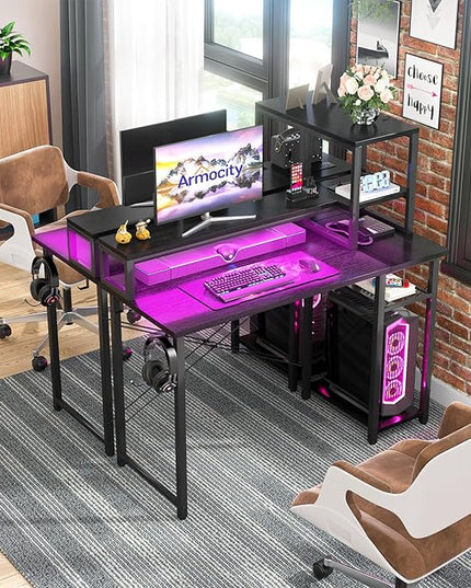 armocity 2024 Upgrade Gaming Desk with LED Lights, Small Computer Desk with Long Monitor Stand, 40'' Reversible Laptop Table with Storage Shelves, Small Desk for Small Spaces, Gaming Room, Black - LeafyLoom