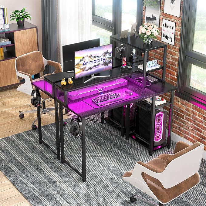 armocity 2024 Upgrade Gaming Desk with LED Lights, Small Computer Desk with Long Monitor Stand, 40'' Reversible Laptop Table with Storage Shelves, Small Desk for Small Spaces, Gaming Room, Black - LeafyLoom