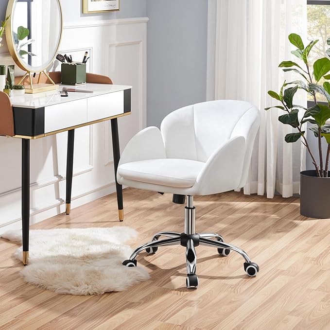 Yaheetech Cute Petal Desk Chair for Home Office, Makeup Vanity Chair Upholstered Modern Chair Adjustable Swivel Task Chair with Armrests for Work, Study, Living Room, Bedroom, Snowy - LeafyLoom