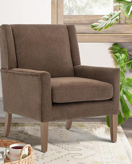 COLAMY Modern Wingback Living Room Chair, Upholstered Fabric Accent Armchair, Single Sofa chair with Lounge Seat and Wood Legs for Bedroom/Office/Reading Spaces, Brown - LeafyLoom