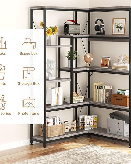 Shintenchi 5 Tiers Corner Bookshelf, 70.86" Tall L-Shaped Bookcase, Large Corner Etagere Bookcase, Corner Shelf Display Storage Rack with Metal Frame for Living Room Home Office, Grey - LeafyLoom