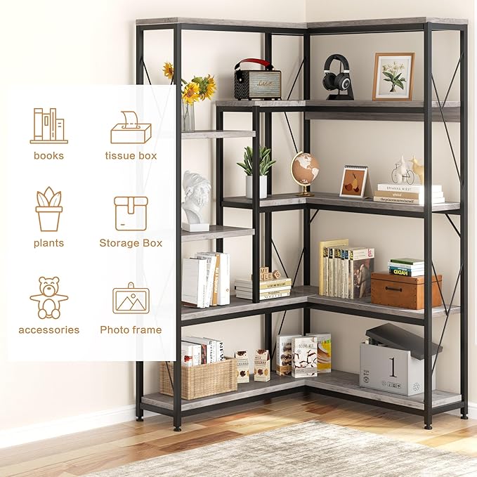 Shintenchi 5 Tiers Corner Bookshelf, 70.86" Tall L-Shaped Bookcase, Large Corner Etagere Bookcase, Corner Shelf Display Storage Rack with Metal Frame for Living Room Home Office, Grey - LeafyLoom