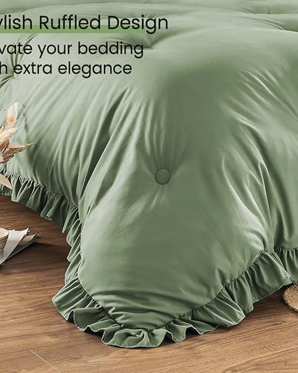 Queen Bed in a Bag 7 Pieces Comforter Set Queen, Ruffle Shabby Chic Bedding Comforter Set Green Bed Set with Comforter, Pillowcases, Flat Sheet, Fitted Sheet and Pillow Shams - LeafyLoom