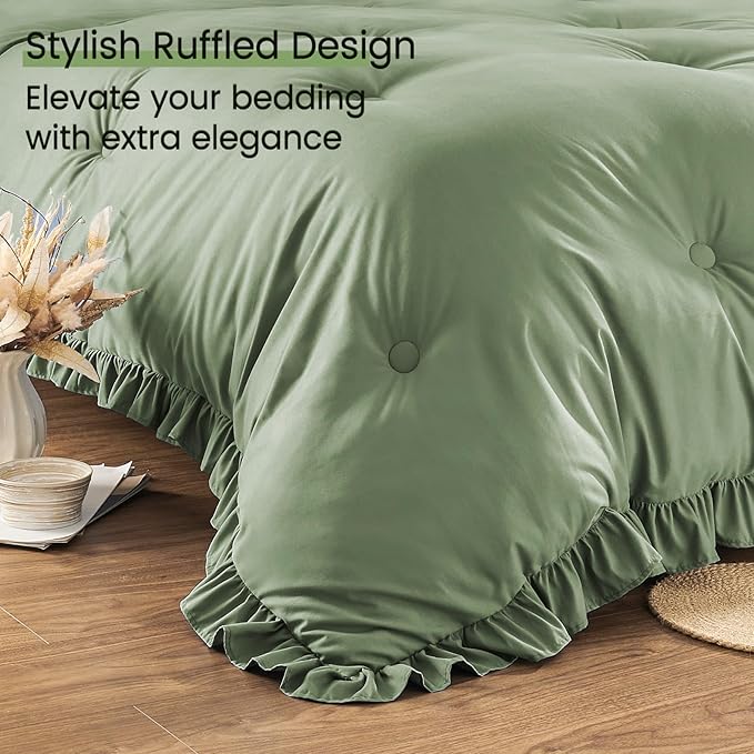 California King Bed in a Bag 7 Pieces Cal King Comforter Set, Ruffle Shabby Chic Bedding Comforter Set Green Bed Set with Comforter, Pillowcases, Flat Sheet, Fitted Sheet and Pillow Shams - LeafyLoom