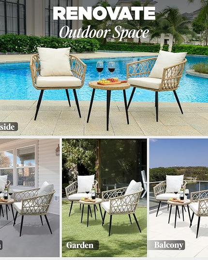 Heavy Duty 500lbs Weight Capacity Bistro Table and Chairs Set of 2 with Olefin Fabric Soft Cushions, Metal Wicker Armchairs Design - LeafyLoom
