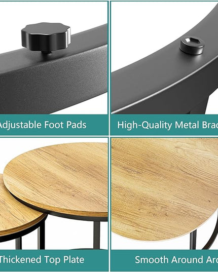 Nesting Coffee Table Set of 2, 23.6" Round Coffee Table Brown Wood with Adjustable Non-Slip Feet, Industrial End Table Side Tables for Living Room Bedroom Balcony Yard - LeafyLoom