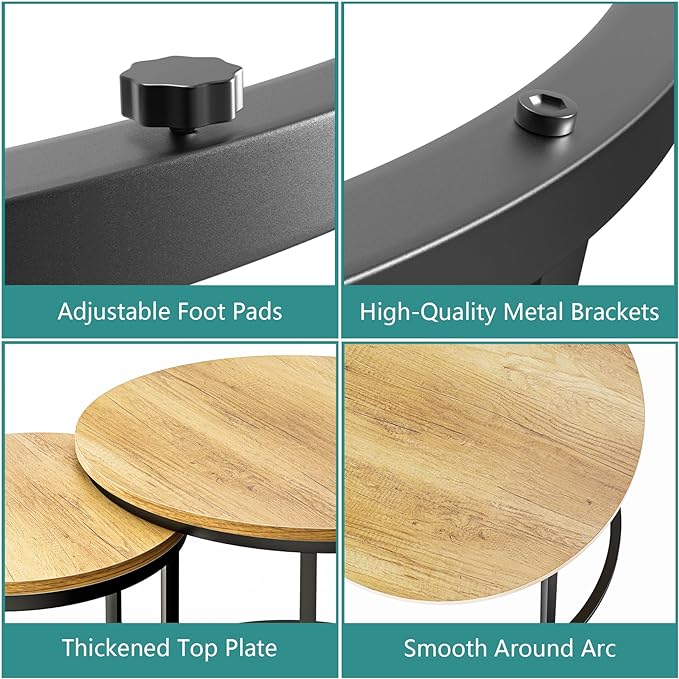 Nesting Coffee Table Set of 2, 23.6" Round Coffee Table Brown Wood with Adjustable Non-Slip Feet, Industrial End Table Side Tables for Living Room Bedroom Balcony Yard - LeafyLoom