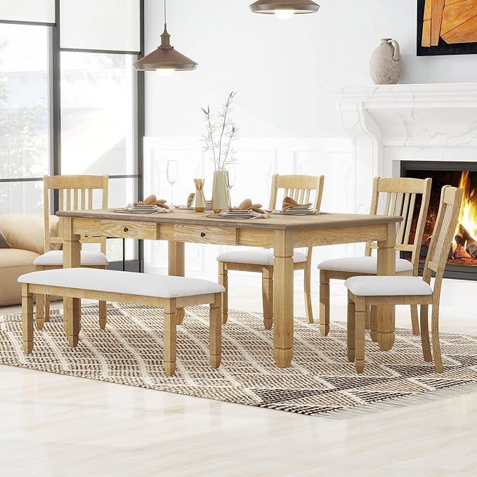 6-Piece Modern Dining Set, Include 72'L Solid Wood Table with 4 Drawers, Upholstered Chairs & Bench, for Kitchen, Living Room, Stable Frame and a Long Lifespan, Natural+Light Gray - LeafyLoom