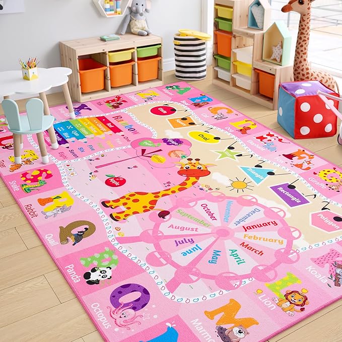 Chicrug Educational Kid Area Rug for Playroom, 4x6 Feet TPR Non Slip Kids Classroom Carpet Rug for Learning ABC Animal, Shape Color Fruit, Washable Play Mat Rug for Children Nursery Toddler Room Decor - LeafyLoom