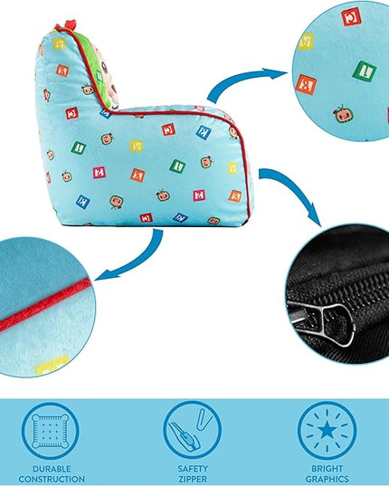 Idea Nuova Cocomelon Kids Mink Plush Bean Bag Chair with Piping & Top Carry Handle , Large - LeafyLoom