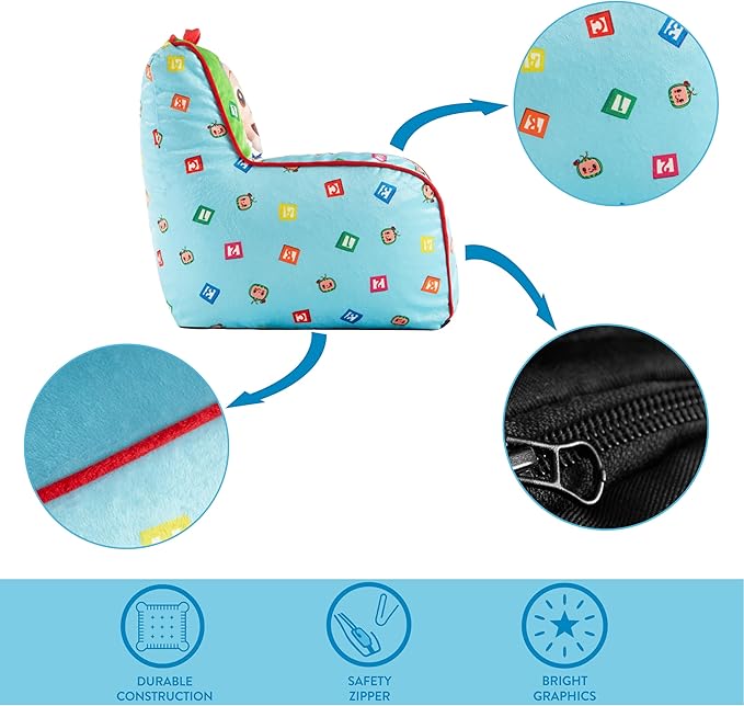 Idea Nuova Cocomelon Kids Mink Plush Bean Bag Chair with Piping & Top Carry Handle , Large - LeafyLoom