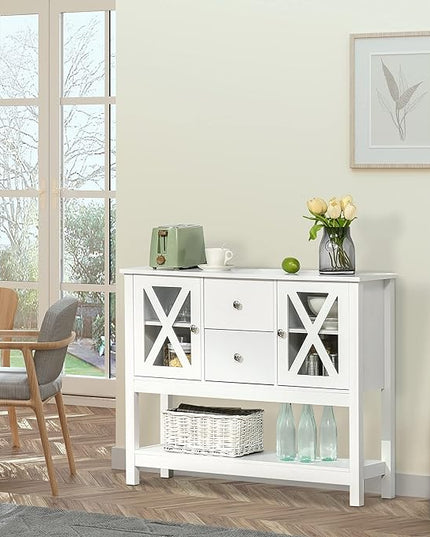 HOMCOM Coffee Bar Cabinet, Sideboard Buffet Cabinet, Kitchen Cabinet with Storage Drawers and Glass Door for Living Room, Entryway, White - LeafyLoom