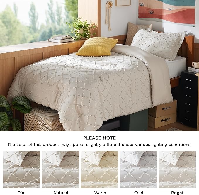 Bedsure Twin XL Comforter Set - Beige Twin Extra Long Comforter Set for College, Shabby Chic Dorm Bedding Set, 2 Pieces Boho Farmhouse Bed Set, includes 1 Pillow Sham - LeafyLoom
