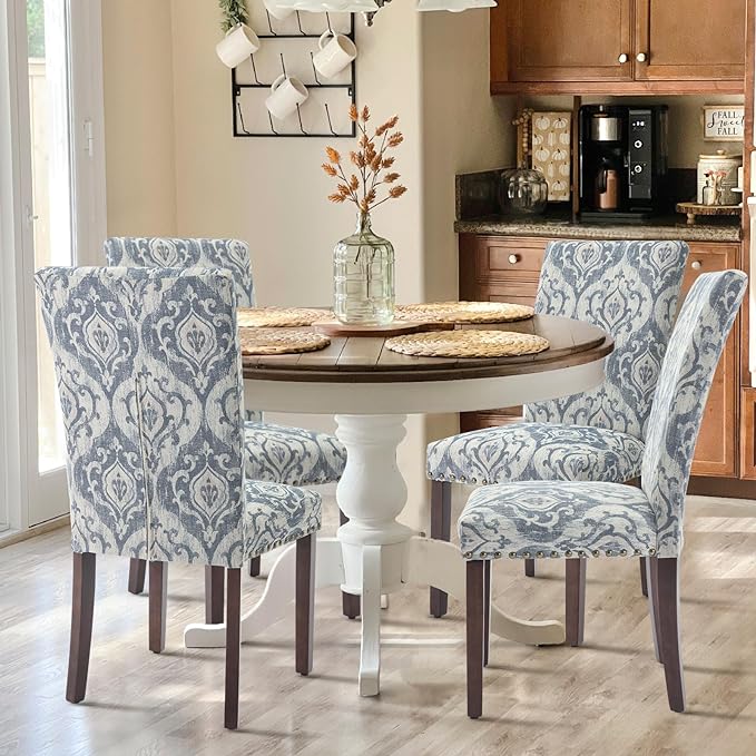 COLAMY Upholstered Parsons Dining Chairs Set of 6, Fabric Dining Room Kitchen Side Chair with Nailhead Trim and Wood Legs - Blue/White Flower - LeafyLoom
