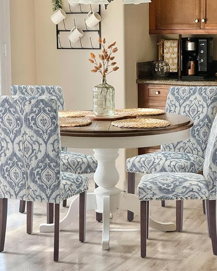 COLAMY Upholstered Parsons Dining Chairs Set of 2, Fabric Dining Room Kitchen Side Chair with Nailhead Trim and Wood Legs - Blue/White Flower - LeafyLoom