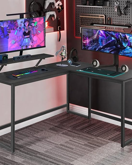 L Shape Computer Desk - Spacious 55 inch Corner Desk Home Office Desk Gaming Desk with Reversible Monitor Stand and Adjustable Feet, Easy Assembly, Black - LeafyLoom