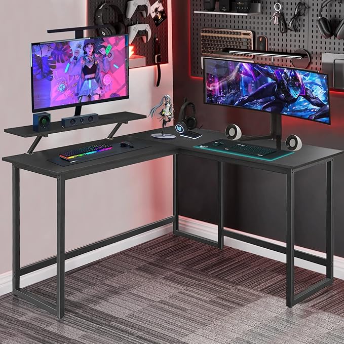 L Shape Computer Desk - Spacious 55 inch Corner Desk Home Office Desk Gaming Desk with Reversible Monitor Stand and Adjustable Feet, Easy Assembly, Black - LeafyLoom