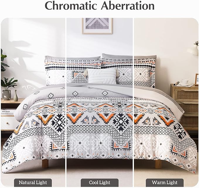 CASAAGUSTO Queen Comforter Set, 8 Pieces Gray Orange Boho Comforter Set, Microfiber Cozy Bohomian Bedding Set with Decor Pillow, Lightweight Breathable for All Seasons - LeafyLoom