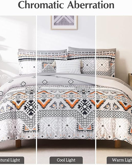 CASAAGUSTO King Comforter Set, 8 Pieces Gray Orange Boho Comforter Set, Microfiber Cozy Bohomian Bedding Set with Decor Pillow, Lightweight Breathable for All Seasons - LeafyLoom