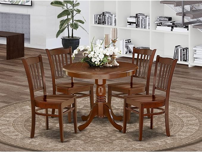 East West Furniture ANGR5-MAH-W 5 Piece Room Set Includes a Round Kitchen Table with Pedestal and 4 Dining Chairs, 36x36 Inch - LeafyLoom