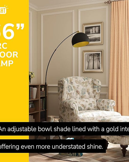 GETINLIGHT 66" Modern Black Metal Arc Floor Lamp with Inner Gold Metal Shade and Black Marble Base, LED Bulb Included, IN-0806-1-BK - LeafyLoom