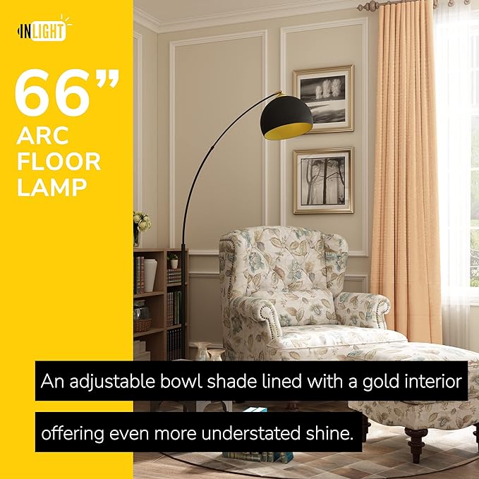 GETINLIGHT 66" Modern Black Metal Arc Floor Lamp with Inner Gold Metal Shade and Black Marble Base, LED Bulb Included, IN-0806-1-BK - LeafyLoom