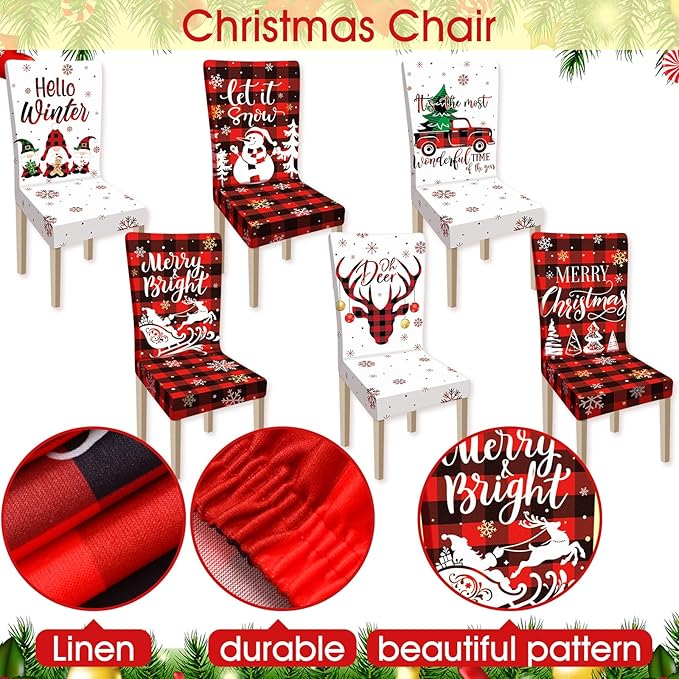 Ganeen 6 Pcs Christmas Chair Covers Merry Christmas Chair Back Cover Stretch Christmas Seat Cover Washable Xmas Dining Chair Protector Slipcover for Dining Room Kitchen Holiday Party (Cute Style) Ganeen