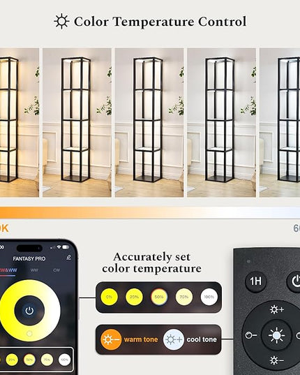 FENLO Fantasy Pro - 66" Glass Dimmable LED Floor Lamp with Shelves for Bedroom, Tempered Glass Display Shelf Lamp for Living Room, Open Display Stand for Business, Long Lasting LED, Unique Home Decor - LeafyLoom