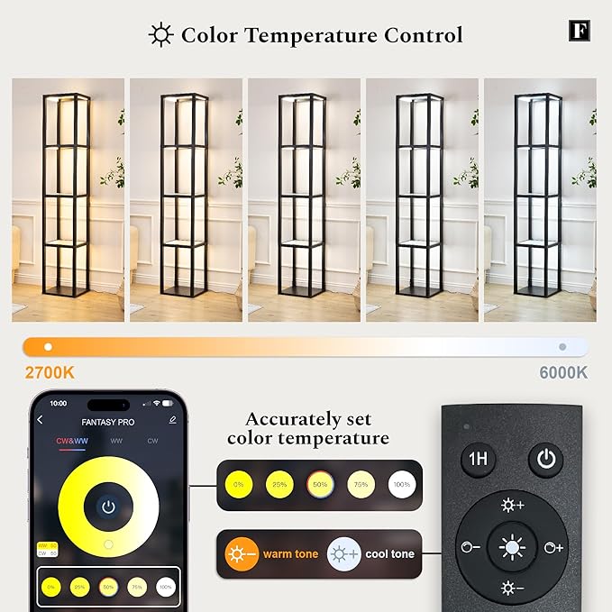 FENLO Fantasy Pro - 66" Glass Dimmable LED Floor Lamp with Shelves for Bedroom, Tempered Glass Display Shelf Lamp for Living Room, Open Display Stand for Business, Long Lasting LED, Unique Home Decor - LeafyLoom