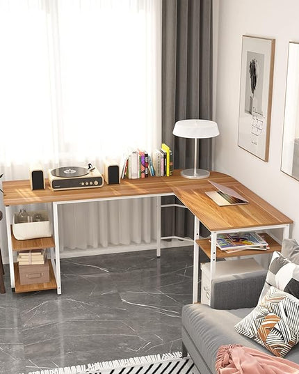 L Shaped Desk Reversible, Corner Computer L Desk with Storage Shelves, Modern Gaming Desk Workstation for Home Office, Walnut - LeafyLoom