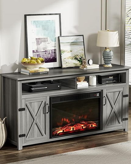 YESHOMY Fireplace TV Stand for Television up to 65+ Inch with Storage and Farmhouse Barn Doors, Entertainment Center with Cabinet and Shelves, Media Console for Living Room, Gray Wash - LeafyLoom