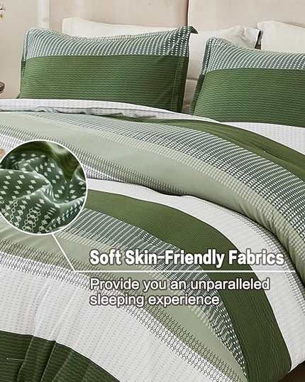 Litanika Olive Green Comforter Set Queen - 3 Pieces Lightweight Olive Green White Colorblock Stripe Fluffy Bedding Comforter Sets, All Season Bed Set - LeafyLoom