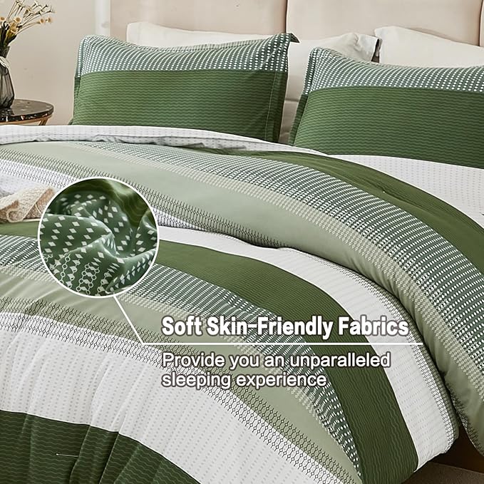 Litanika Olive Green Comforter Set Full - 3 Pieces Lightweight Olive Green White Colorblock Stripe Fluffy Bedding Comforter Sets, All Season Bed Set - LeafyLoom