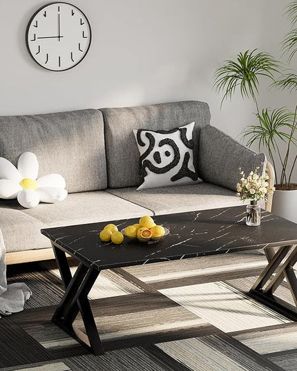 Coffee Table Living Room Table Black Center Table, Simple Modern Faux Marble Rectangular Tea Table with Sturdy Black-Finished Metal Frame,Industrial Wooden Coffee Table for Bedroom Home Office - LeafyLoom