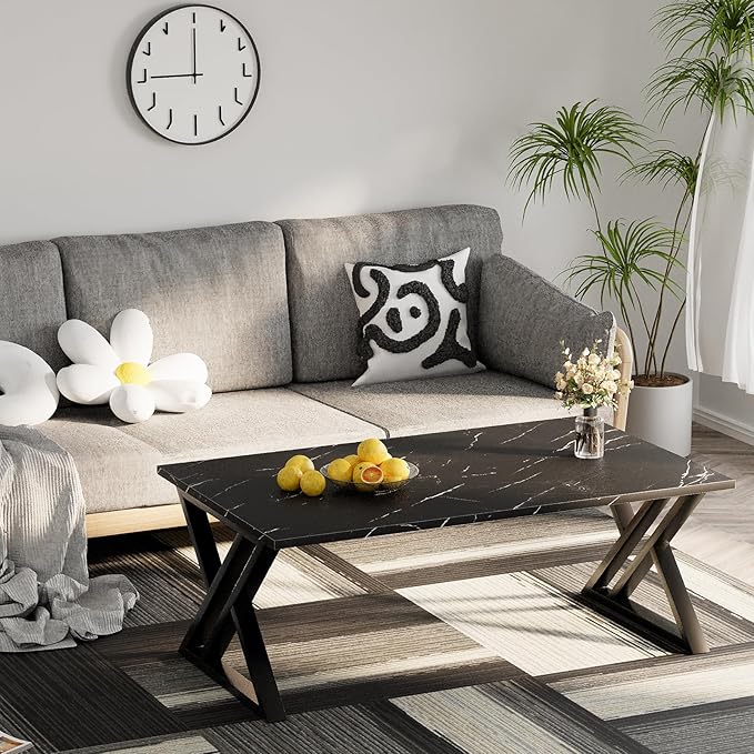 Coffee Table Living Room Table Black Center Table, Simple Modern Faux Marble Rectangular Tea Table with Sturdy Black-Finished Metal Frame,Industrial Wooden Coffee Table for Bedroom Home Office - LeafyLoom