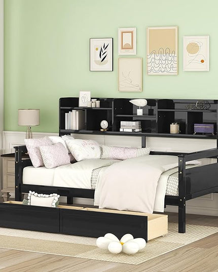 Merax Classic Twin Wooden Storage Daybed,Dual-use Sturdy Sofa Bed for Bedroom Living Room, Espresso - LeafyLoom