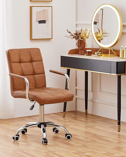 Yaheetech PU Leather Office Desk Chair Mid Back Height Adjustable Chair Comfortable Computer Swivel Chair w/Armrests, Retro Brown - LeafyLoom