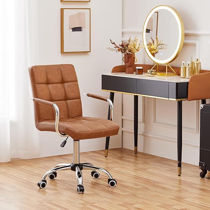 Yaheetech PU Leather Office Desk Chair Mid Back Height Adjustable Chair Comfortable Computer Swivel Chair w/Armrests, Retro Brown - LeafyLoom