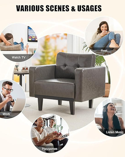 Mid-Century Modern Leather Accent Chair, Fabric Armchair for Living Room, Oversized Upholstered Single Sofa Chair for Bedroom Office Study, Comfy Accent Chairs with Wood Legs, Grey, 1 Pack - LeafyLoom