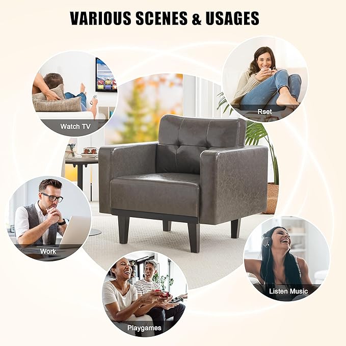 Mid-Century Modern Leather Accent Chair, Fabric Armchair for Living Room, Oversized Upholstered Single Sofa Chair for Bedroom Office Study, Comfy Accent Chairs with Wood Legs, Grey, 1 Pack - LeafyLoom