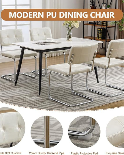 Forevich Mid Century Modern Dining Chairs Set of 4, Leather Kitchen Dining Room Side Chairs Upholstered Armless Accent Chairs with Metal Chrome Legs for Living Room, Bedroom White - LeafyLoom