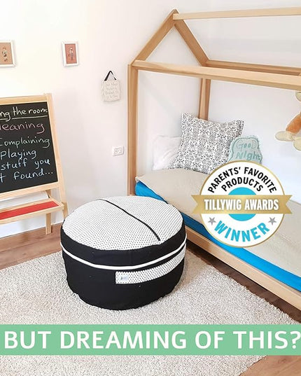 2 Sizes in 1 Stuffed Animal Storage Bean Bag Chair Cover for Kids & Adults | Washable XL Stuffie Seat | 100% Cotton | Pouf Organizer for Plush Toys, Linens, Quilts & Pillows | Black & White - LeafyLoom