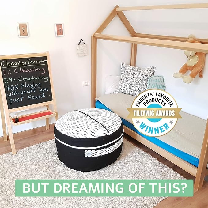2 Sizes in 1 Stuffed Animal Storage Bean Bag Chair Cover for Kids & Adults | Washable XL Stuffie Seat | 100% Cotton | Pouf Organizer for Plush Toys, Linens, Quilts & Pillows | Black & White - LeafyLoom