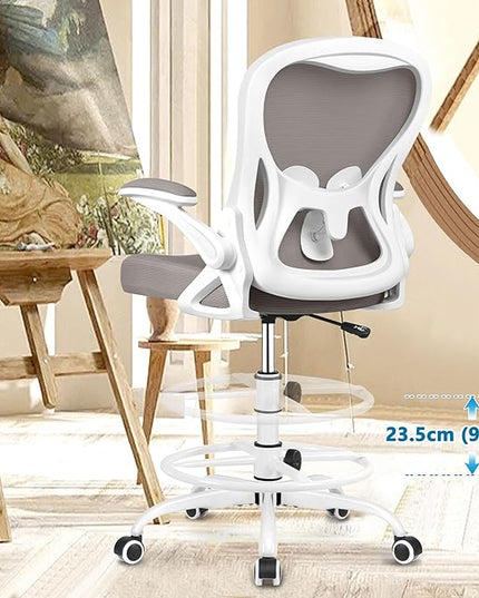 Drafting Chair, Tall Office Chair Ergonomic Standing Desk chair, Lumbar Support Computer Chair Swivel Task Rolling Chair with Adjustable Flip-up Armrests & Foot Ring (Gray) - LeafyLoom