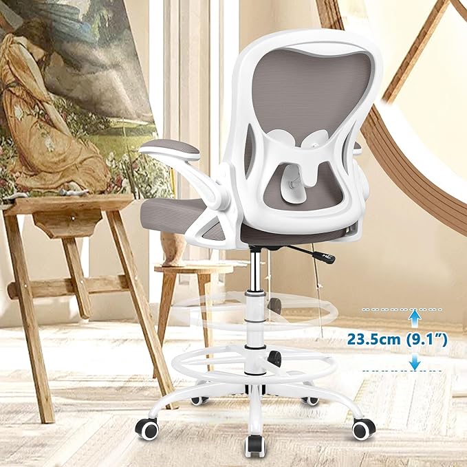 Drafting Chair, Tall Office Chair Ergonomic Standing Desk chair, Lumbar Support Computer Chair Swivel Task Rolling Chair with Adjustable Flip-up Armrests & Foot Ring (Gray) - LeafyLoom