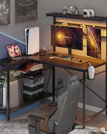 Bestier Gaming Desk with Power Outlets,42 Computer Desk with LED Lights, Reversible Corner Desk with 4-Tier Shelves,Cup Holder & Hook for Home Office,Carbon Fiber Black - LeafyLoom