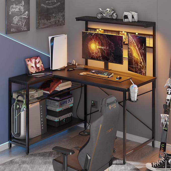 Bestier Gaming Desk with Power Outlets,42 Computer Desk with LED Lights, Reversible Corner Desk with 4-Tier Shelves,Cup Holder & Hook for Home Office,Carbon Fiber Black - LeafyLoom