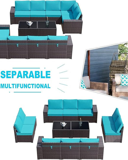 Kullavik 12PCS Outdoor Patio Furniture Set PE Wicker Rattan Sectional Sofa Patio Conversation Sets,Blue - LeafyLoom